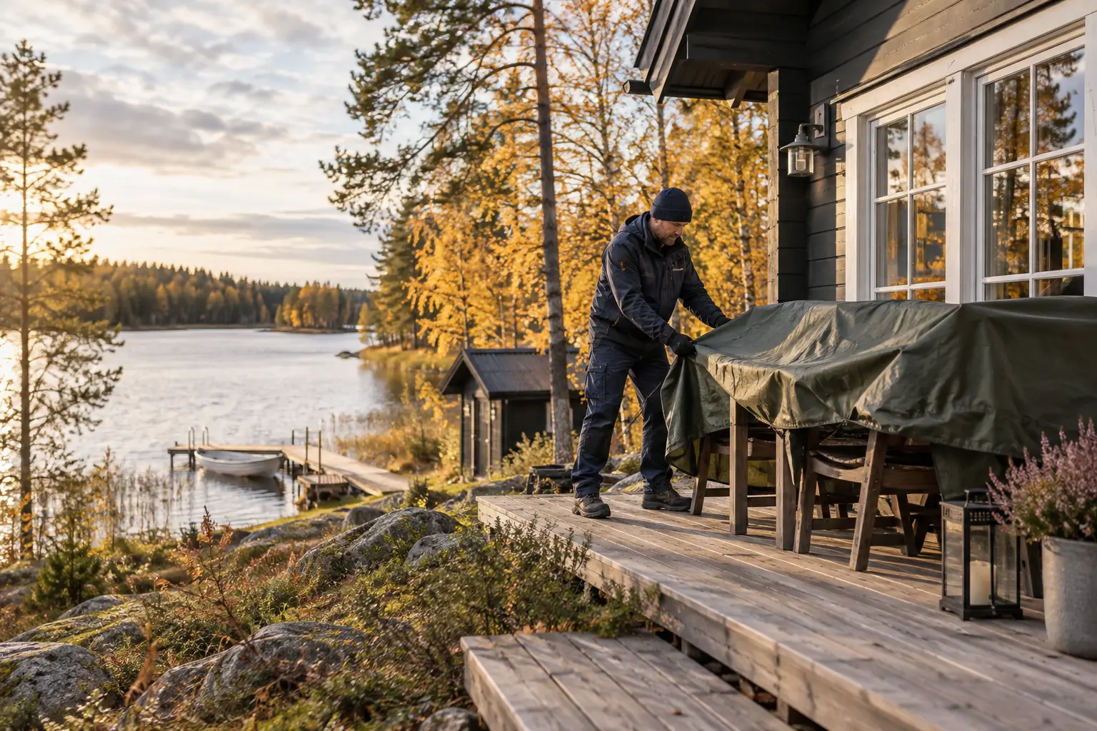 Professional preparing a Finnish cottage for winter