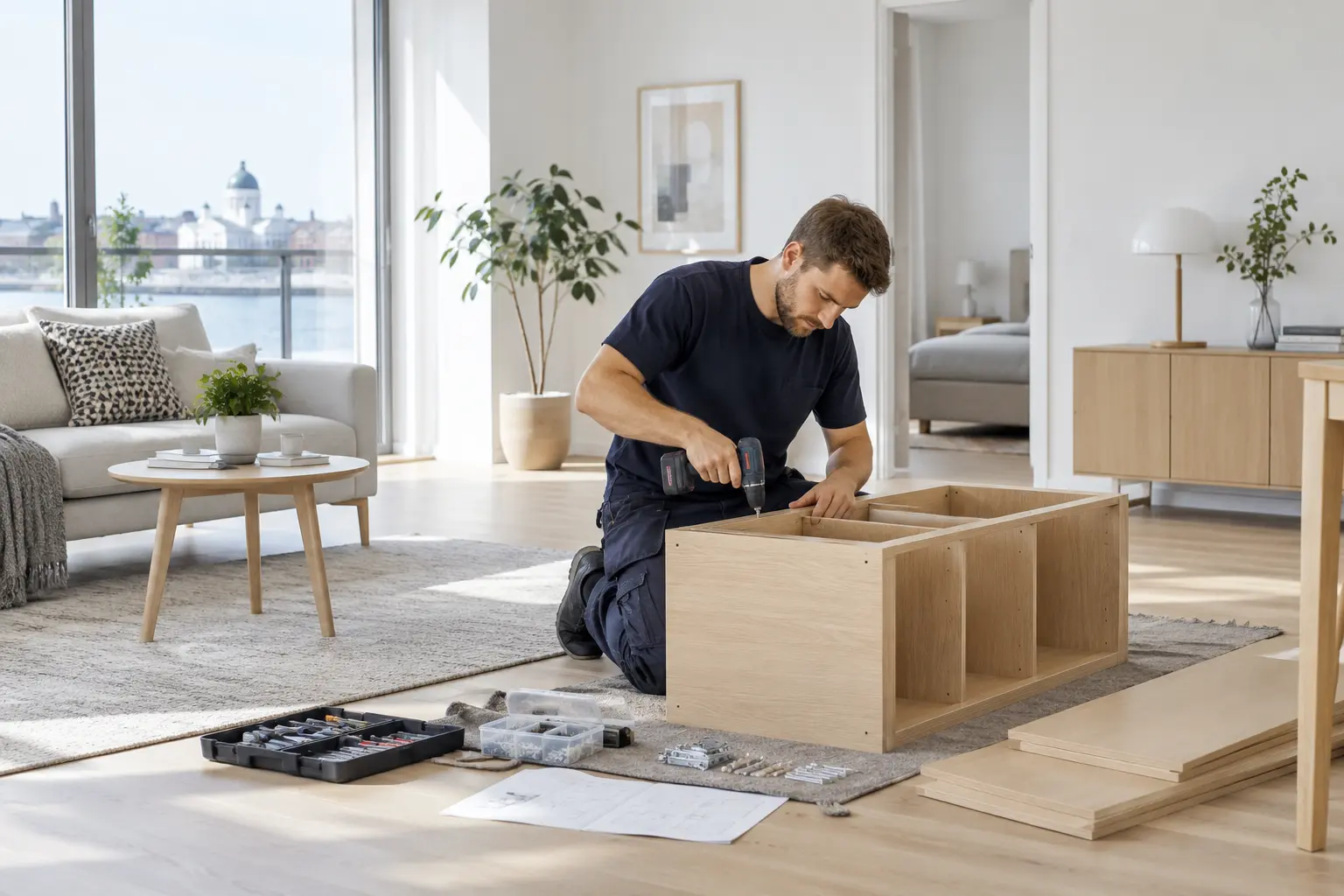 Professional assembling furniture in a modern Helsinki apartment
