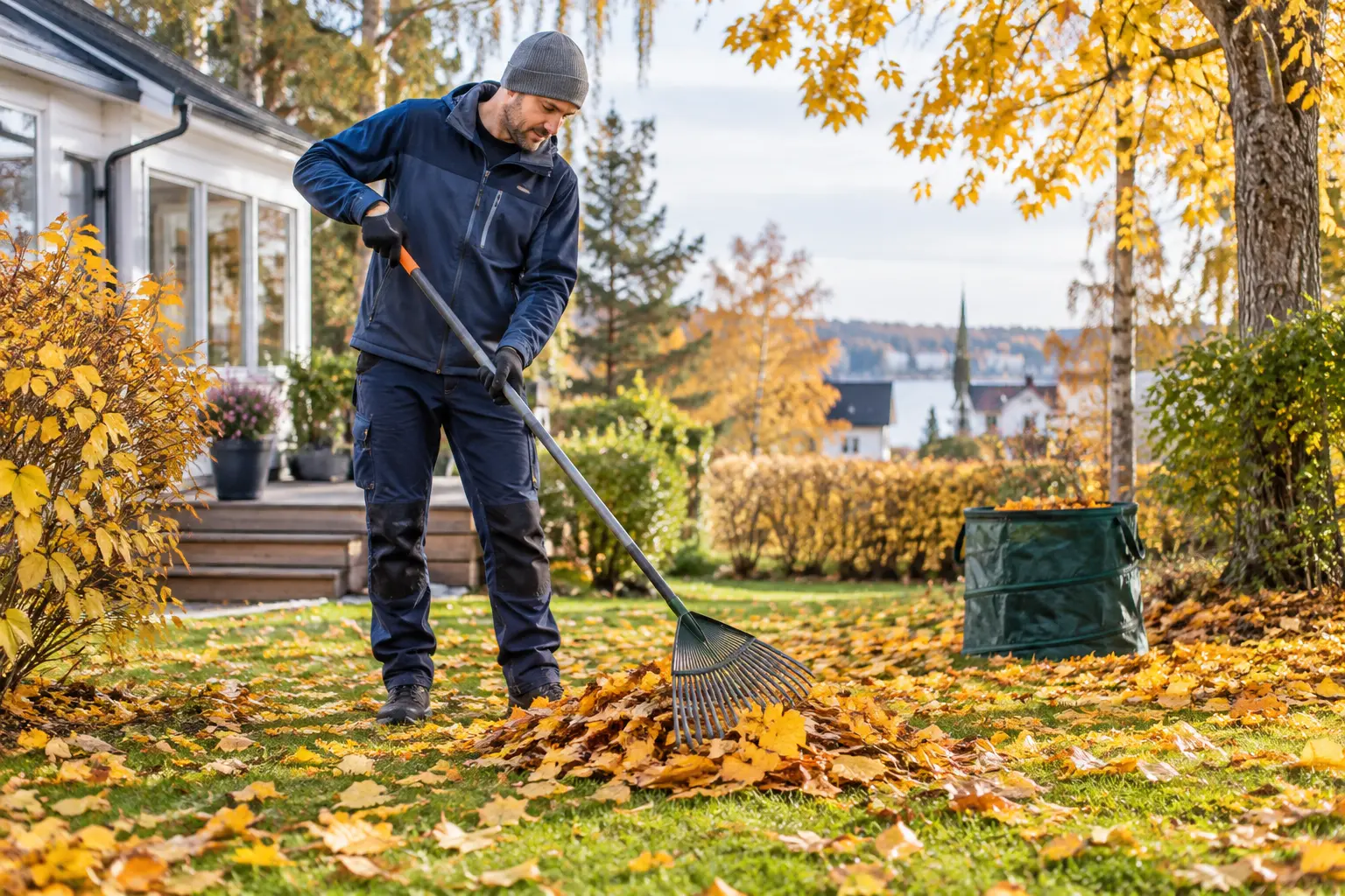 Professional raking autumn leaves in a Helsinki garden