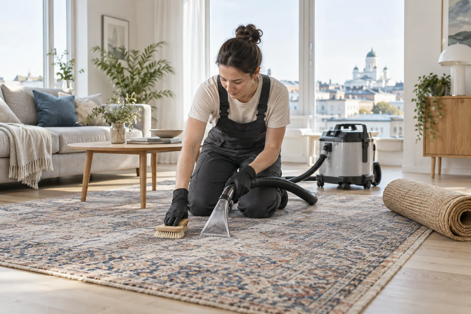 Professional gently cleaning a patterned area rug in a bright Helsinki home